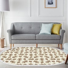 Dekoreko Kaymaz Dijital Mutfak & Salon Halı Luna Pamuk Saçaklı Oval Vintage AL5013 Bej