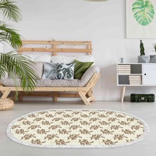 Dekoreko Kaymaz Dijital Mutfak & Salon Halı Saray Deri Saçaklı Oval Vintage AL5011 Bej