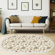 Alanur Home Kaymaz Dijital Mutfak & Salon Halı Star Pamuk Saçaklı Oval Vintage AL5012 Bej