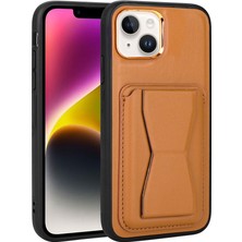 Apple iPhone 14 Plus Kılıf Kartlıklı Standlı ​pu Deri Tknc Memo Kapak-Kahve Açık