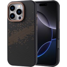 iPhone 16 Pro Kılıf Magsafe Şarj Özellikli Karbon Fiber Tasarımlı Tknc Vave Kapak-Gold-Gold