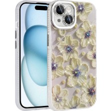 Apple iPhone 14 Kılıf Çiçek Desenli Parlak Taşlı Sert Silikon Tknc Garden Kapak-Mavi