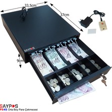 Saypos 4 Banknotlu Kolay Açma Buton Adaptörlü Anahtardan Açılır Orta Boy Para Çekmecesi 33,5x37x9cm