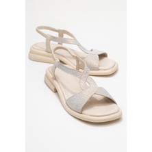 Aurora Ekru Hakiki Deri Taşlı Kadın Sandalet