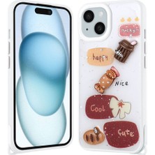 Apple iPhone 15 Plus Kılıf Parlayan Sıvılı Simli Kabartma Figürlü Tknc Cevze Kapak-Beyaz