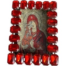 Kırmızı Taşlı Meryem Ana Çocuk Isa Simgeli Masa Üstü Ayaklı Metal Camlı Çerçeve