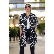 Katlanabilir Kol Detay Geometrik Desenli Önden Düğmeli Uzun Kol Battal Büyük Beden Tunik Elbise