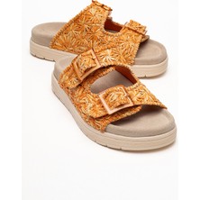 Mılana Turuncu Desenli Hakiki Deri Tokalı Çift Bantlı Kadın Terlik