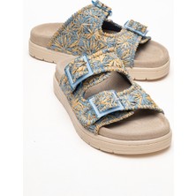 Mılana Mavi Desenli Hakiki Deri Tokalı Çift Bantlı Kadın Terlik