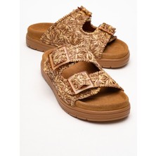 Mılana Taba Desenli Hakiki Deri Tokalı Çift Bantlı Kadın Terlik