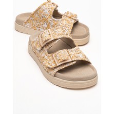 Mılana Bej Desenli Hakiki Deri Tokalı Çift Bantlı Kadın Terlik