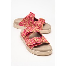 Mılana Pembe Desenli Hakiki Deri Tokalı Çift Bantlı Kadın Terlik