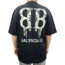 Balenciaga Erkek Yuvarlak Yakalı Baskılı Oversize Kısa Kollu Siyah Tişört Ety-Blnc