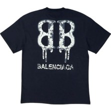 Balenciaga Erkek Yuvarlak Yakalı Baskılı Oversize Kısa Kollu Siyah Tişört Ety-Blnc