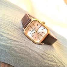 Retro Kadın Kol Saati, Vintage Tasarım, Minimal Tasarım, Gold Rengi, Koyu Kahve Kayış