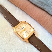 Retro Kadın Kol Saati, Vintage Tasarım, Minimal Tasarım, Gold Rengi, Koyu Kahve Kayış
