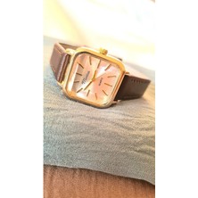 Retro Kadın Kol Saati, Vintage Tasarım, Minimal Tasarım, Gold Rengi, Koyu Kahve Kayış