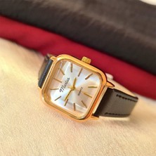 Retro Kadın Kol Saati, Vintage Tasarım, Minimal Tasarım Gold Rengi Siyah Kayış