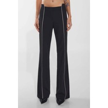 Faye Kadın Pantolon - Kontrast Piping Detaylı Rahat Siyah Pantolon