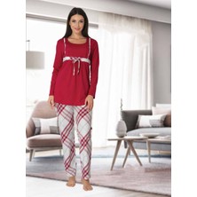 Dvina Effortt Lohusa Ekose Desenli Fiyonk Detaylı Pijama Takımı Fuşya - 8082