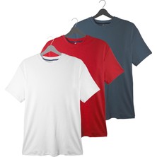 Erkek 3'lü Basic Tişört Seti - Pamuklu Bisiklet Yaka Tişört|  Gece Mavisi, Beyaz ve Kırmızı| Günlük ve Spor Giyim | %100 Pamuk T-Shirt Seti