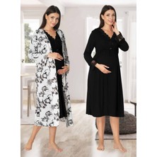 Dvina Effortt Lohusa Sabahlıklı Gecelik Takımı Siyah - 8095