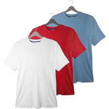 Erkek 3'lü Basic Tişört Seti - Pamuklu Bisiklet Yaka | Beyaz, Kırmızı ve Açık Mavi Kombinasyonu | Günlük ve Spor Giyim | %100 Pamuk T-shirt Seti