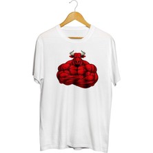 Karikatür Store Muscular Red Bull Beyaz Baskılı Unisex Tişört