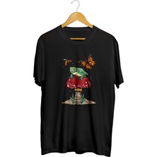 Karikatür Store Mantar Kurbağa ve Kelebek Baskılı Unisex Tişört