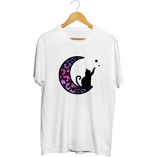 Karikatür Store Kedi Ay Baskılı Unisex Tişört