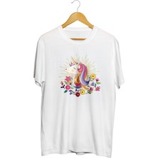 Karikatür Store Çiçekli Unicorn Baskılı Unisex Tişört