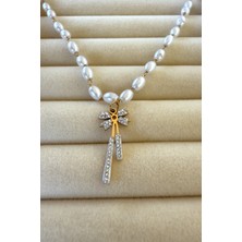 Jewels Of Hope Zirkon Taşlı Fiyonk Detaylı İnci Kolye 47 cm  Paslanmaz Çelik Kolye Kadın