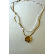 Jewels Of Hope Kalp Detaylı İnci Kolye 45 cm Paslanmaz Çelik Kolye Kadın