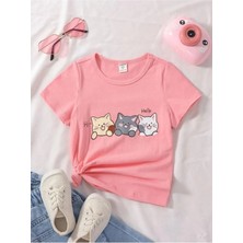 Kids Pembe Hello Kediler Baskılı Oversize Kız Çocuk T-Shirt