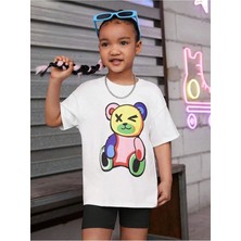 Kız Çocuk Renkli Ayıcık Baskılı Oversize Bisiklet Yaka Pamuk T-Shirt