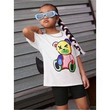 Kız Çocuk Renkli Ayıcık Baskılı Oversize Bisiklet Yaka Pamuk T-Shirt