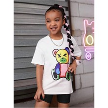 Kız Çocuk Renkli Ayıcık Baskılı Oversize Bisiklet Yaka Pamuk T-Shirt