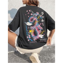Büyük Beden Renkli Dragon Ön ve Arka Baskılı Oversize Bisiklet Yaka Yazlık Pamuk T-Shirt