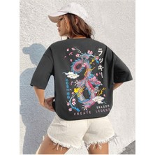 Büyük Beden Renkli Dragon Ön ve Arka Baskılı Oversize Bisiklet Yaka Yazlık Pamuk T-Shirt