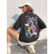 Büyük Beden Renkli Dragon Ön ve Arka Baskılı Oversize Bisiklet Yaka Yazlık Pamuk T-Shirt