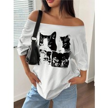 Kadın Düşük Omuz Kayık Yaka Baskılı T-Shirt