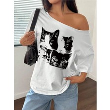Kadın Düşük Omuz Kayık Yaka Baskılı T-Shirt