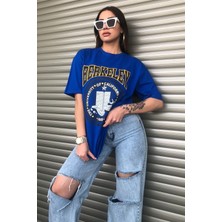 Oversize Mavi Berkeley Logo Baskılı Kadın T-Shirt