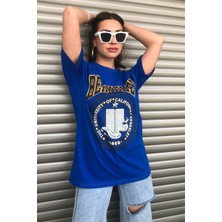 Oversize Mavi Berkeley Logo Baskılı Kadın T-Shirt