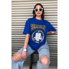 Oversize Mavi Berkeley Logo Baskılı Kadın T-Shirt