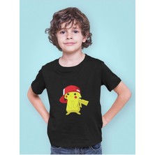 Şapkalı Pikachu Baskılı Oversize Pamuklu Çocuk T-Shirtü