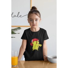 Şapkalı Pikachu Baskılı Oversize Pamuklu Çocuk T-Shirtü