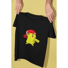 Şapkalı Pikachu Baskılı Oversize Pamuklu Çocuk T-Shirtü