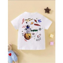 Kids Unisex Beyaz The Galaxy Gezegen Baskılı Oversize Bisiklet Yaka Çocuk Tshirtü