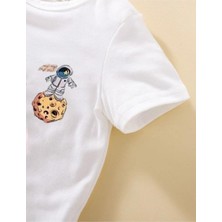 Kids Unisex Beyaz The Galaxy Gezegen Baskılı Oversize Bisiklet Yaka Çocuk Tshirtü